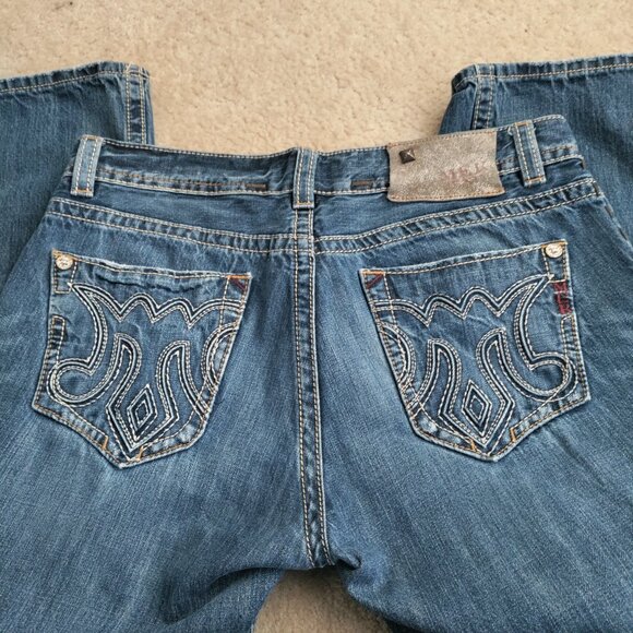 MEK Denim Osaka Jeans 36x32 Blue Straight Bootcut Distressed Button Fly GUC - Picture 5 of 7